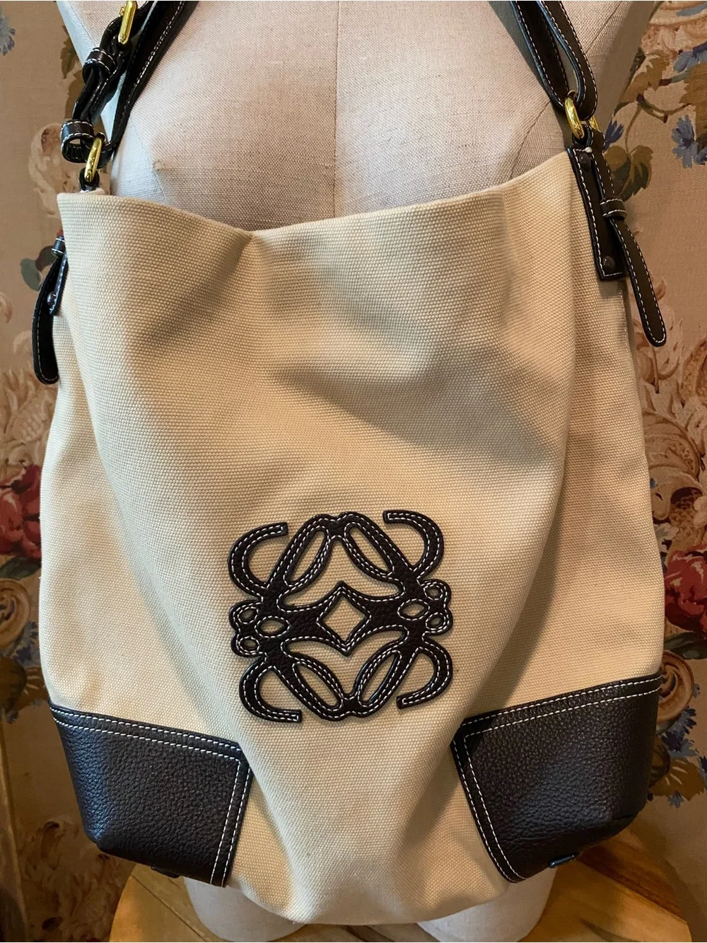 Loewe Cream Canvas Hobo with Black Leather Trim and Anagram